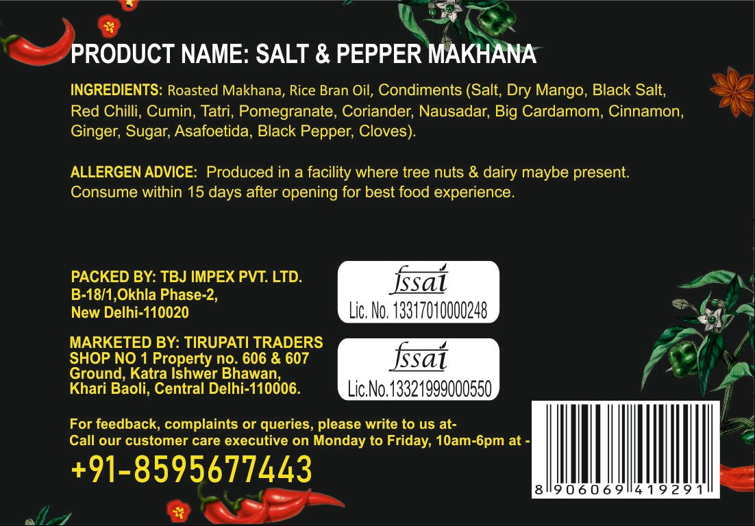 SnackMan Roasted Makhana salt and pepper packaging with brand logo and product details.