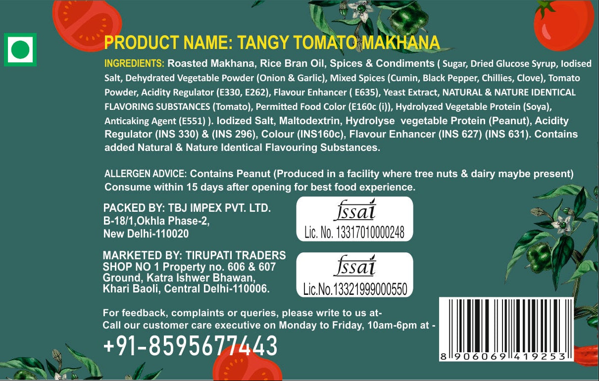 Snackman Roasted Makhana Tangy Tomato packaging with green background and red tomatoes.