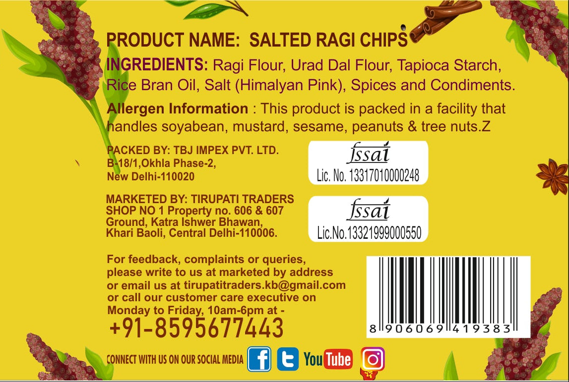 SnackMan Salted Ragi Chips packaging with nutritional information and ingredients list.