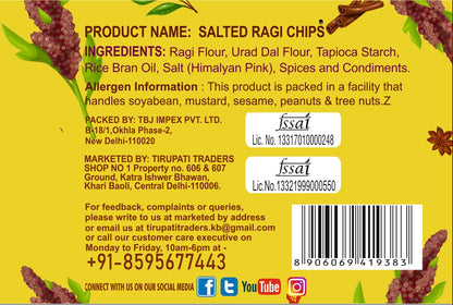 SnackMan Salted Ragi Chips packaging with nutritional information and ingredients list.
