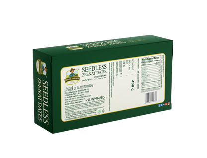 Seedless Zeenat Dates 400g box back image with their nutritional fact 