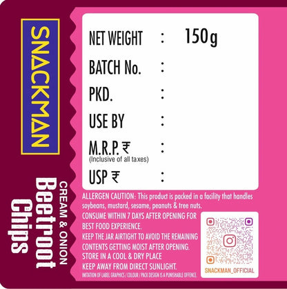 Snackman Cream & Onion Beetroot Chips - 150g