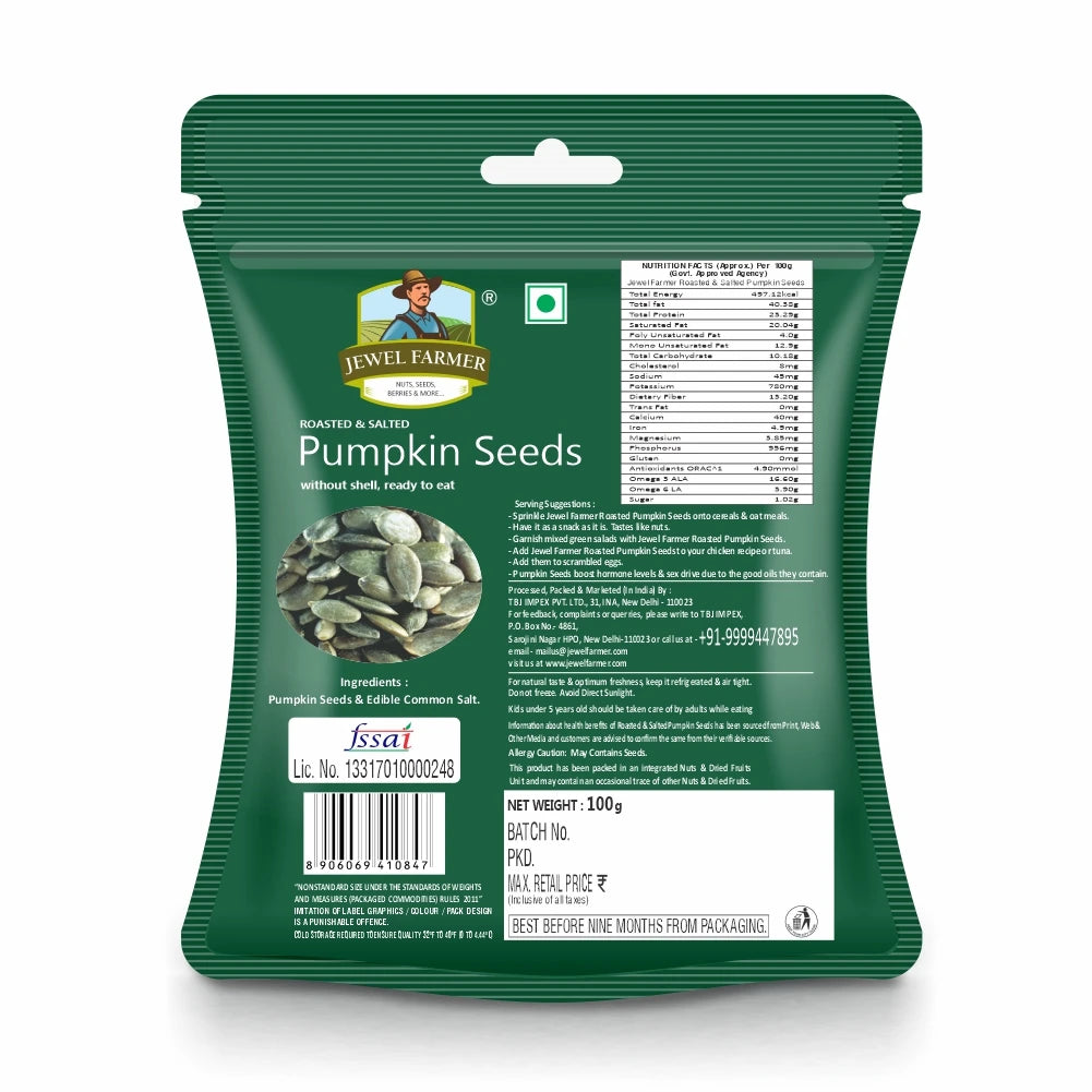 Back image of Jewel Farmer Roasted Pumpkin Seeds 100g showing nutritional facts, ingredients, and healthy snacking product details.