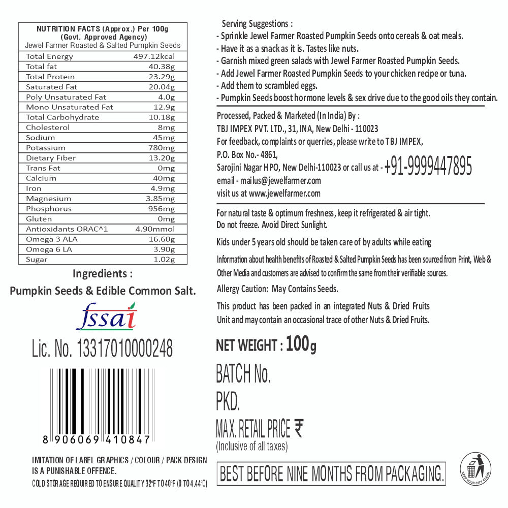 Informational image of Jewel Farmer Roasted Pumpkin Seeds 100g highlighting protein, fiber, and health benefits of nutrient-rich roasted seeds.