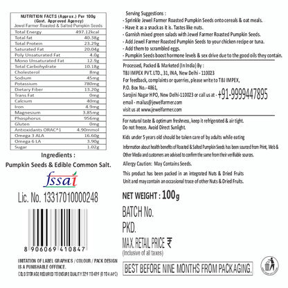 Informational image of Jewel Farmer Roasted Pumpkin Seeds 100g highlighting protein, fiber, and health benefits of nutrient-rich roasted seeds.