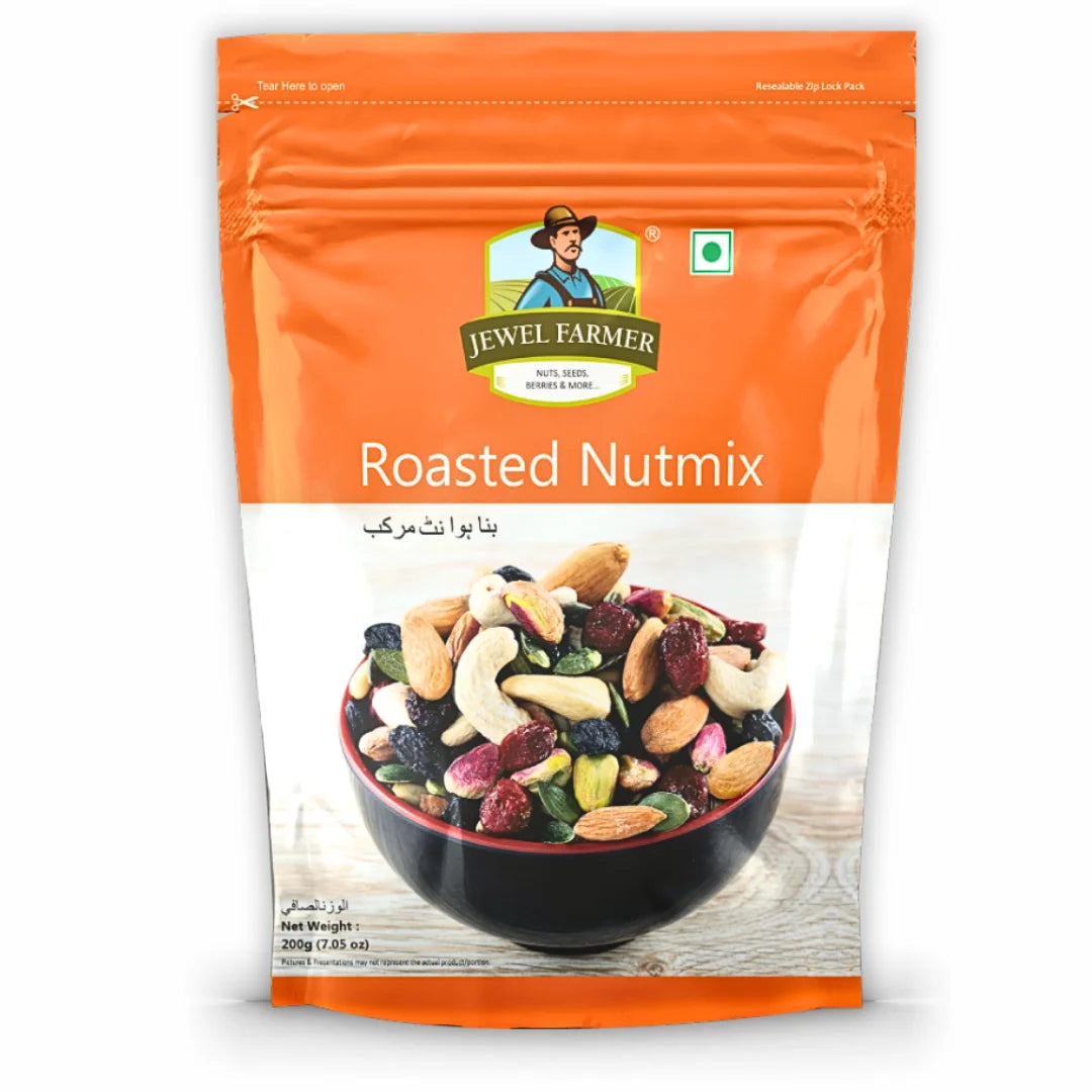 Jewel Farmer Roasted Nutmix 200g – Premium blend of crunchy roasted almonds, cashews, and other nuts. High-protein, organic snack for energy and wellness.