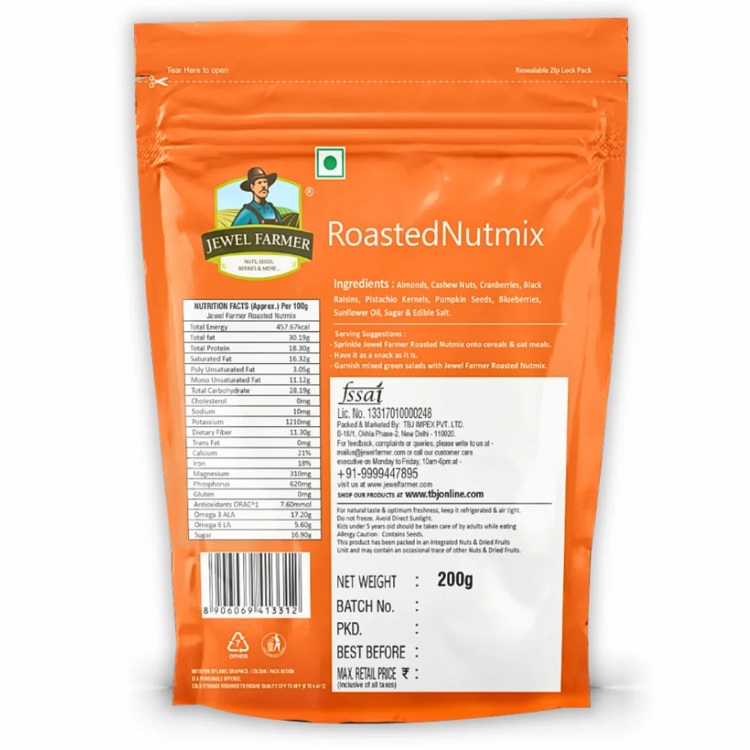 Back side of Jewel Farmer Roasted Nutmix 200g – Includes nutritional values, ingredients, and storage info of crunchy roasted nuts for healthy snacking.