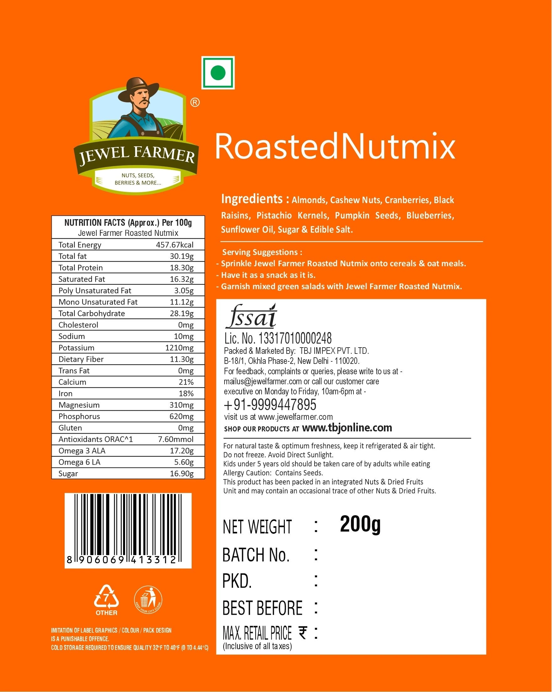 Jewel Farmer Roasted Nutmix 200g information image – Detailed nutrition chart and ingredient list of high-protein roasted dry fruits for energy and wellness.