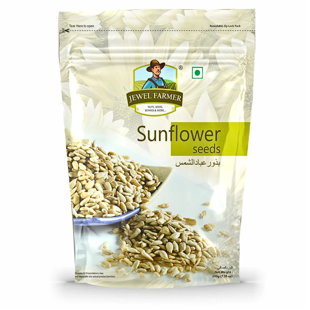 Jewel Farmer Sunflower Seeds 200g pouch featuring raw edible seeds packed with magnesium, healthy oils, and clean energy for daily nutrition.