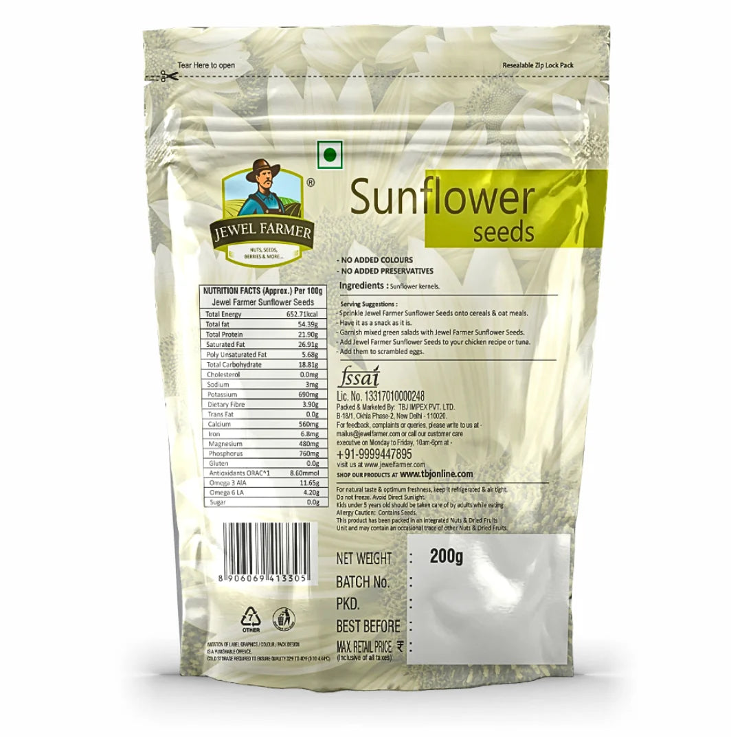 Back side of Jewel Farmer Sunflower Seeds 200g pack showing ingredient list, nutritional information, and source of plant-based healthy fats.