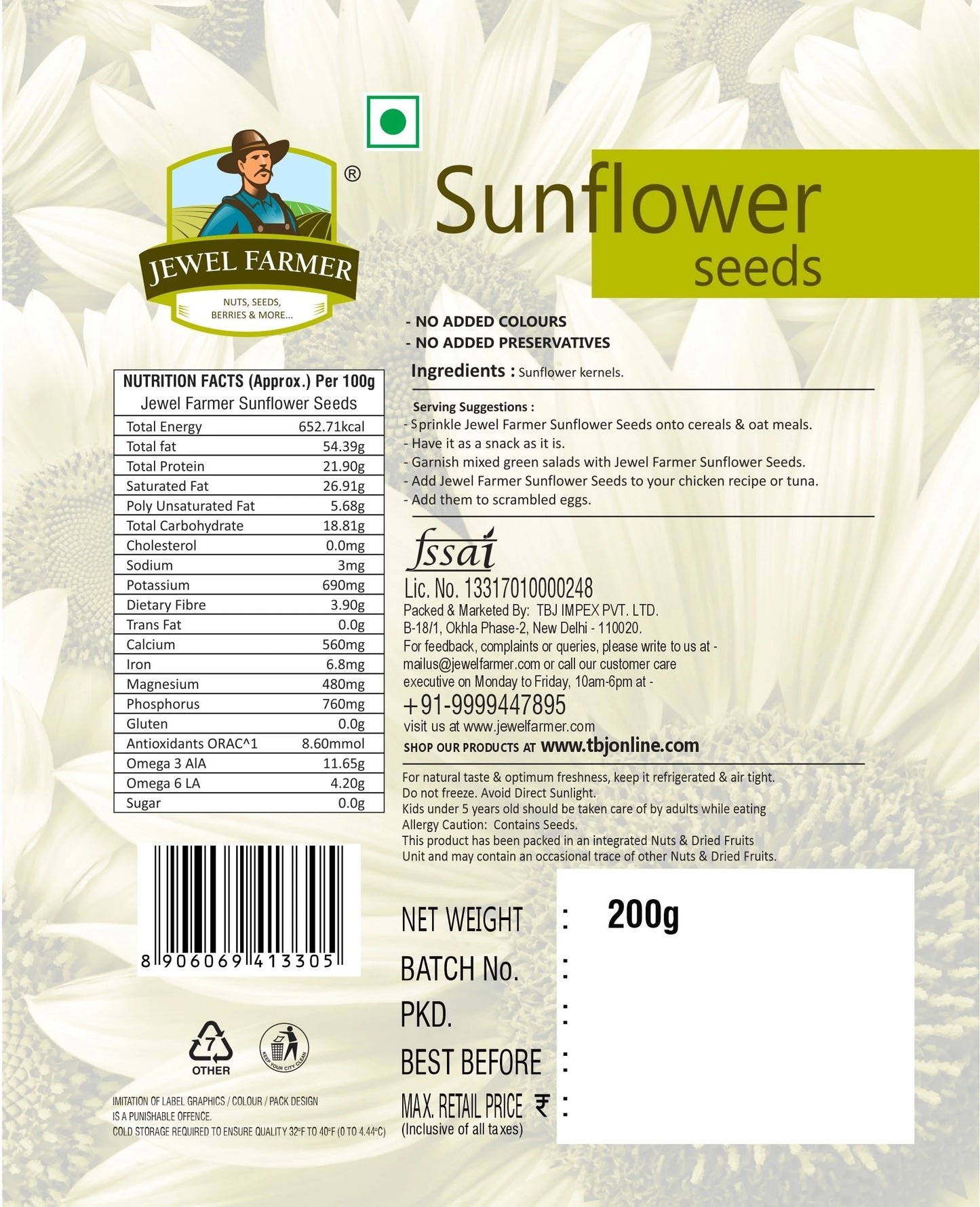 nutrition label of jewel farmer sunflower seeds 200g highlighting protein, essential vitamins, raw seed content, and calorie breakdown.