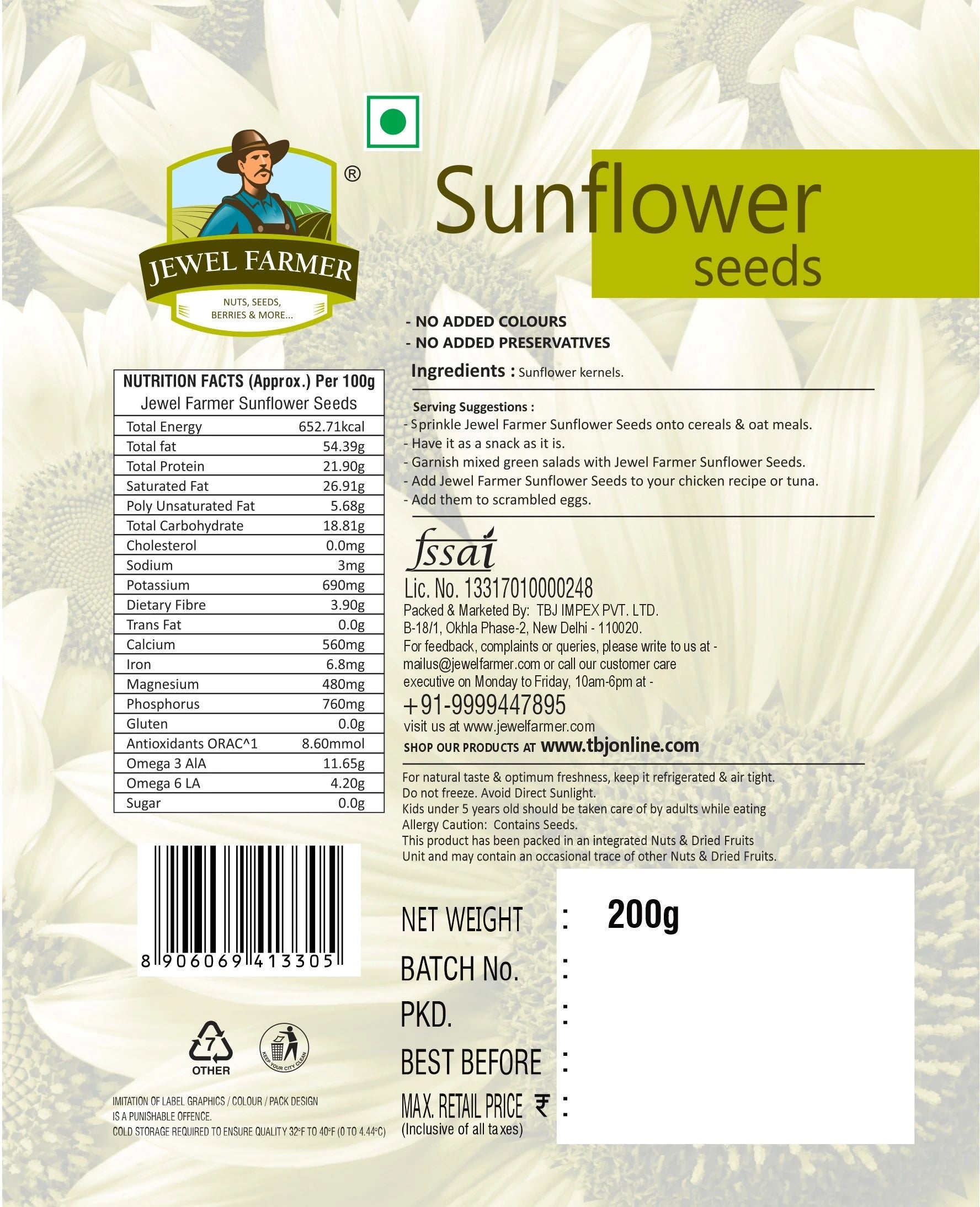 Nutrition label of Jewel Farmer Sunflower Seeds 200g highlighting protein, essential vitamins, raw seed content, and calorie breakdown.