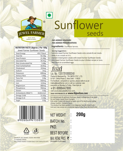 Nutrition label of Jewel Farmer Sunflower Seeds 200g highlighting protein, essential vitamins, raw seed content, and calorie breakdown.