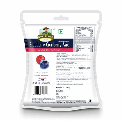 Back view of Jewel Farmer Blueberry Cranberry Mix 100g pack showing nutritional information, ingredients, and packaging details.