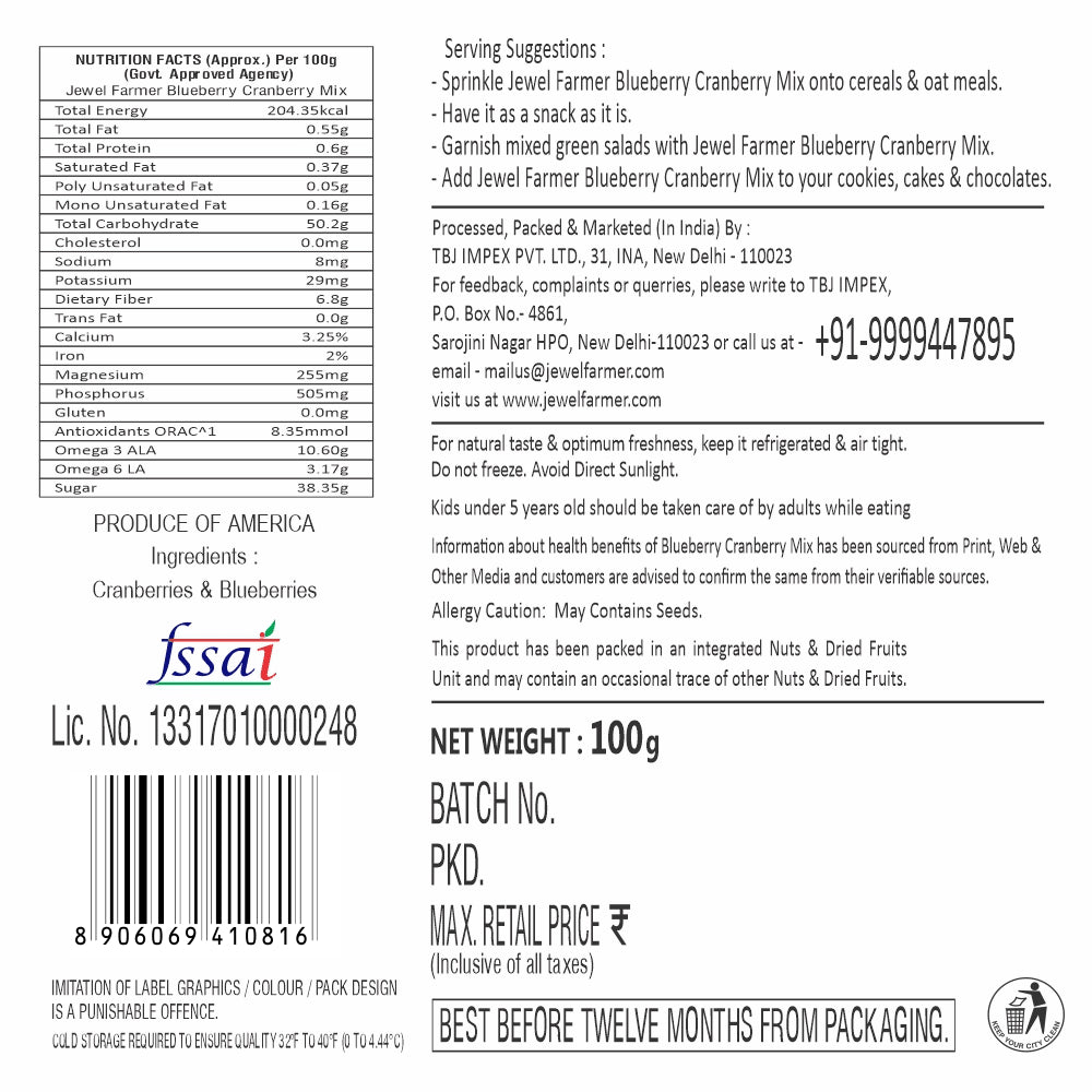 Jewel Farmer Blueberry Cranberry Mix 100g info image with ingredients and nutritional details of healthy dry fruit mix.