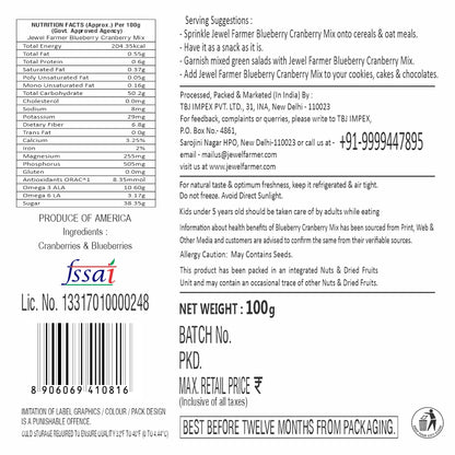Jewel Farmer Blueberry Cranberry Mix 100g info image with ingredients and nutritional details of healthy dry fruit mix.