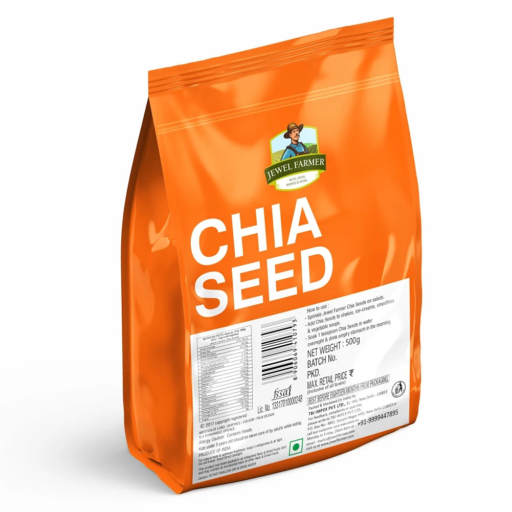 Back image of Jewel Farmer Chia Seed 500g showing nutrition facts, ingredients, and packaging details of natural superfood.
