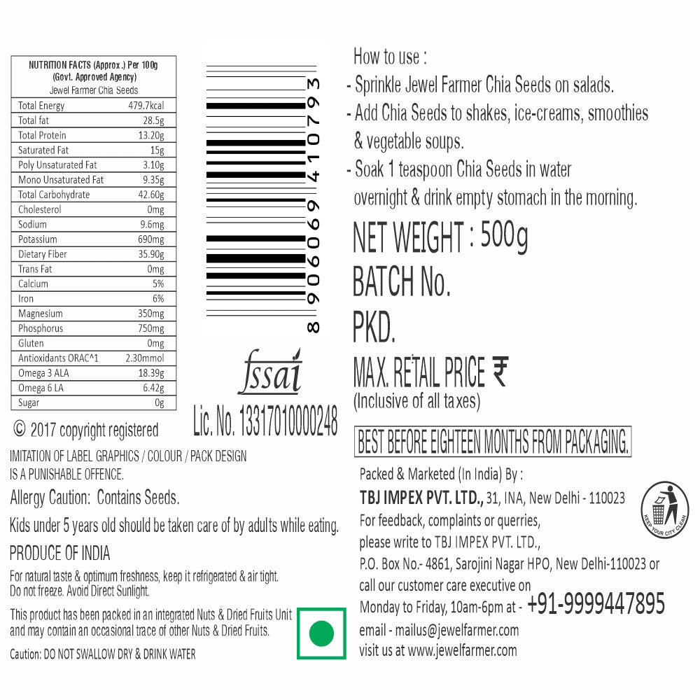 Informational image of Jewel Farmer Chia Seed 500g highlighting health benefits, rich protein, fiber, and omega-3 content.