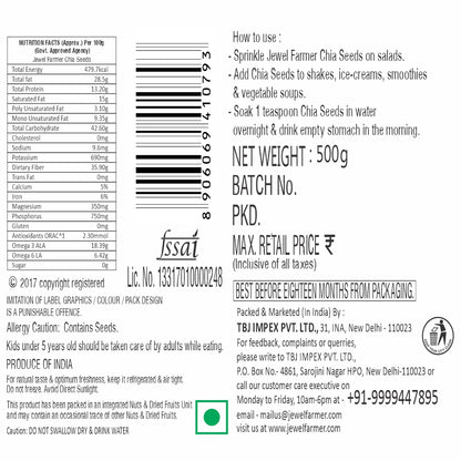 Informational image of Jewel Farmer Chia Seed 500g highlighting health benefits, rich protein, fiber, and omega-3 content.