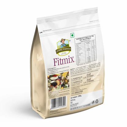 Back side of Jewel Farmer Fitmix 250g pack – Shows nutritional information, ingredients, and health benefits of high-protein dry fruits and seed mix for fitness.