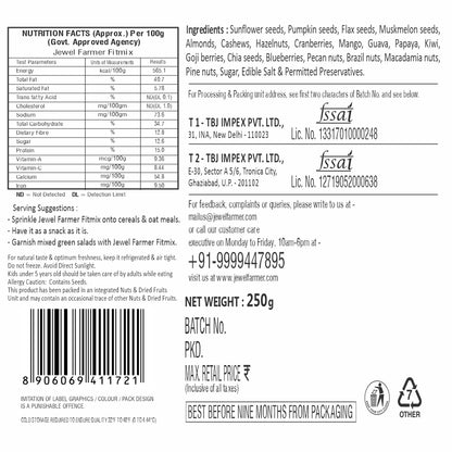 Jewel Farmer Fitmix 250g information image – Detailed view of nutritional facts, ingredients, and benefits of organic dry fruits and seed blend for active lifestyle.