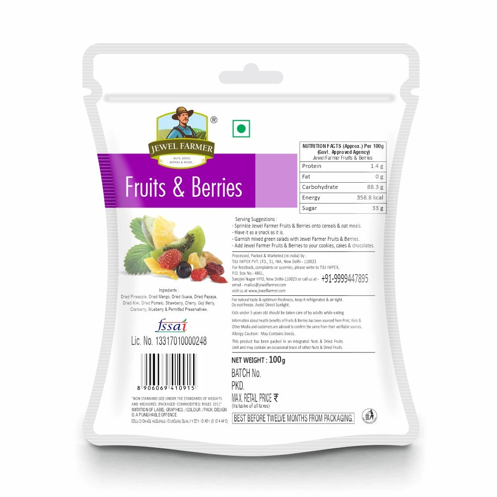 Jewel Farmer Fruits & Berries 100g back view showcasing nutritional information, natural ingredients, storage instructions, and manufacturer details.