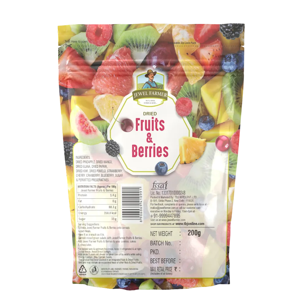back view of jewel farmer fruits and berries 200g pack displaying nutrition facts, ingredient list, storage guidelines, and manufacturer information.