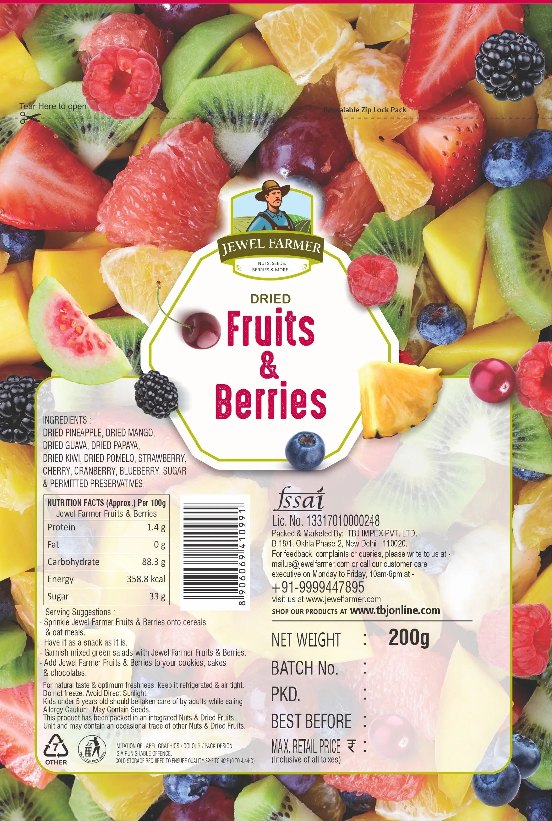 Jewel Farmer Fruits and Berries 200g information image highlighting key ingredients, nutritional breakdown, health benefits, and clean label details.