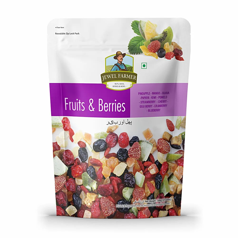 Jewel Farmer Fruits and Berries Mix 500g pack featuring a wholesome blend of premium dried fruits and berries – high-protein, organic superfood snack.