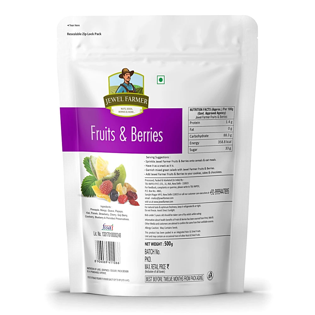 Back view of Jewel Farmer Fruits and Berries 500g pack displaying detailed nutrition label, natural ingredients, shelf life, and manufacturer details.