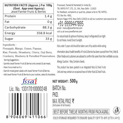 Jewel Farmer Fruits and Berries 500g information image showing nutritional facts, clean ingredients, health benefits, and product certifications.