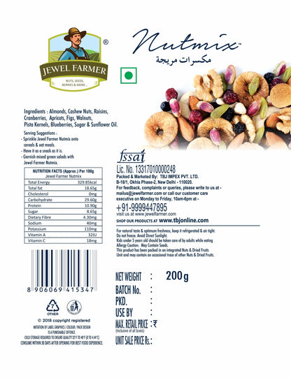 Jewel Farmer Nutmix 200g information image displaying nutritional values, ingredients list, storage instructions, and health benefits.