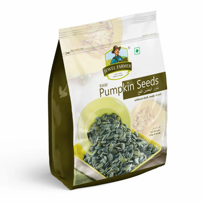 Jewel Farmer Pumpkin Seeds 250g pack – raw, high-protein superfood rich in fiber, ideal for healthy snacking and daily nutritional boost.