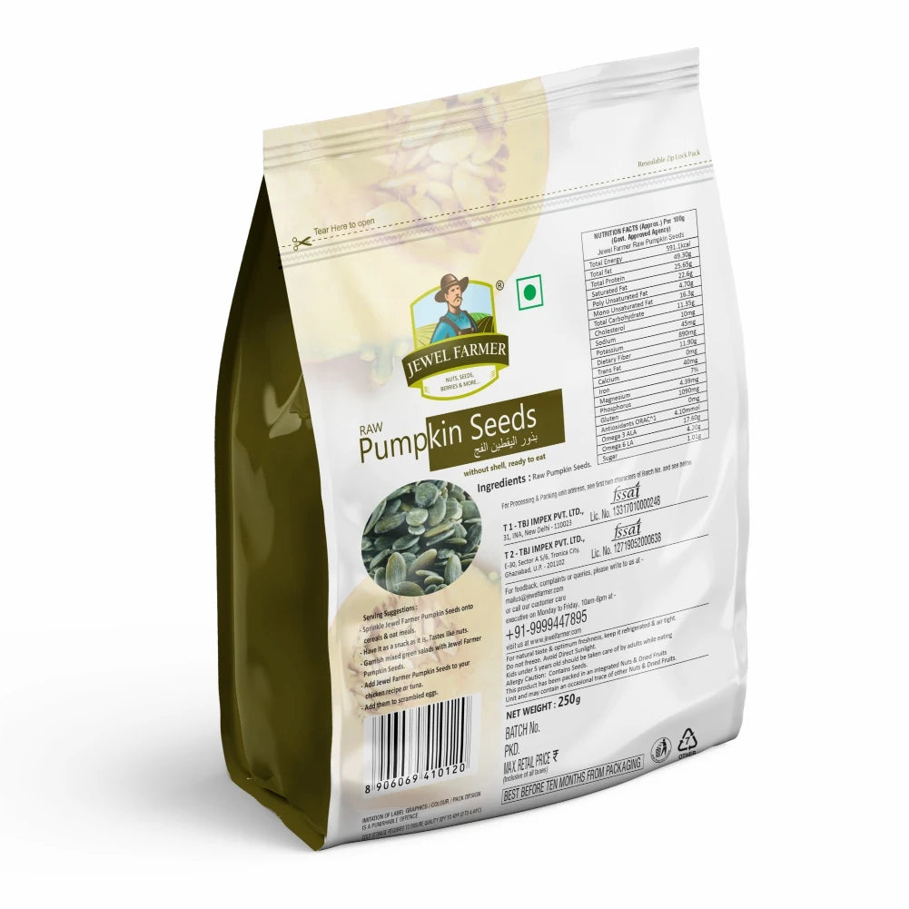 back image of jewel farmer pumpkin seeds 250g showing nutritional information, ingredients, and product details for healthy lifestyle.