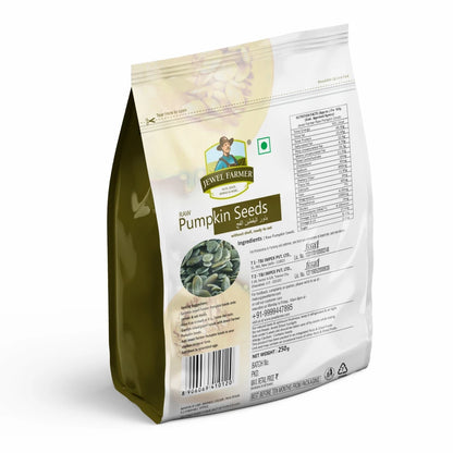 Back image of Jewel Farmer Pumpkin Seeds 250g showing nutritional information, ingredients, and product details for healthy lifestyle.