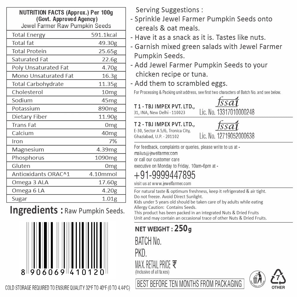 Informational image of Jewel Farmer Pumpkin Seeds 250g highlighting health benefits, protein content, and natural nutrition details.