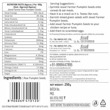 Informational image of Jewel Farmer Pumpkin Seeds 250g highlighting health benefits, protein content, and natural nutrition details.