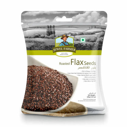 Jewel Farmer Roasted Flax Seeds 100g pack – protein and fiber-rich roasted superfood for healthy snacking and nutritional benefits.
