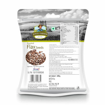 Back image of Jewel Farmer Roasted Flax Seeds 100g showing nutrition facts, ingredients, and healthy snacking details.