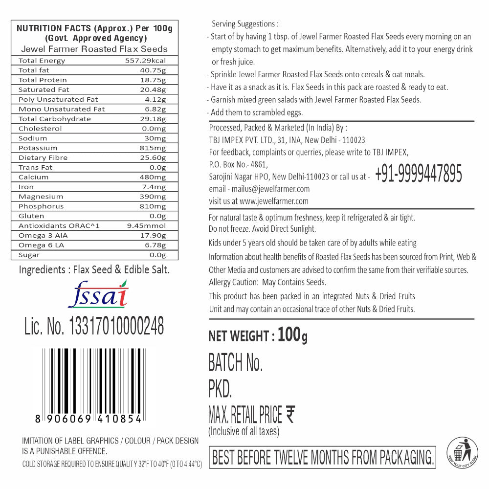 Informational image of Jewel Farmer Roasted Flax Seeds 100g showing health benefits, protein content, and dietary fiber information.