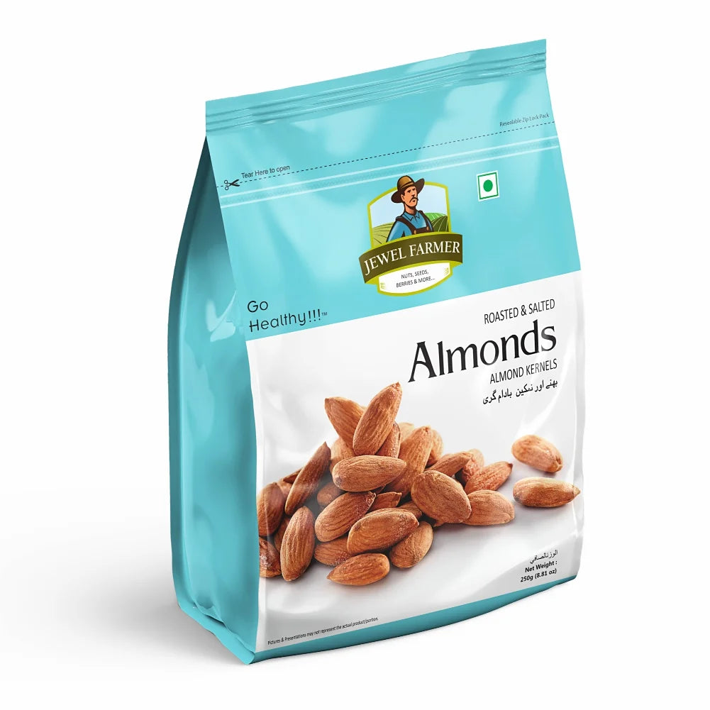 Jewel Farmer Roasted & Salted Almonds 250g – premium quality, perfectly roasted badam with rock salt, rich in protein & healthy fats, ideal for snacking.