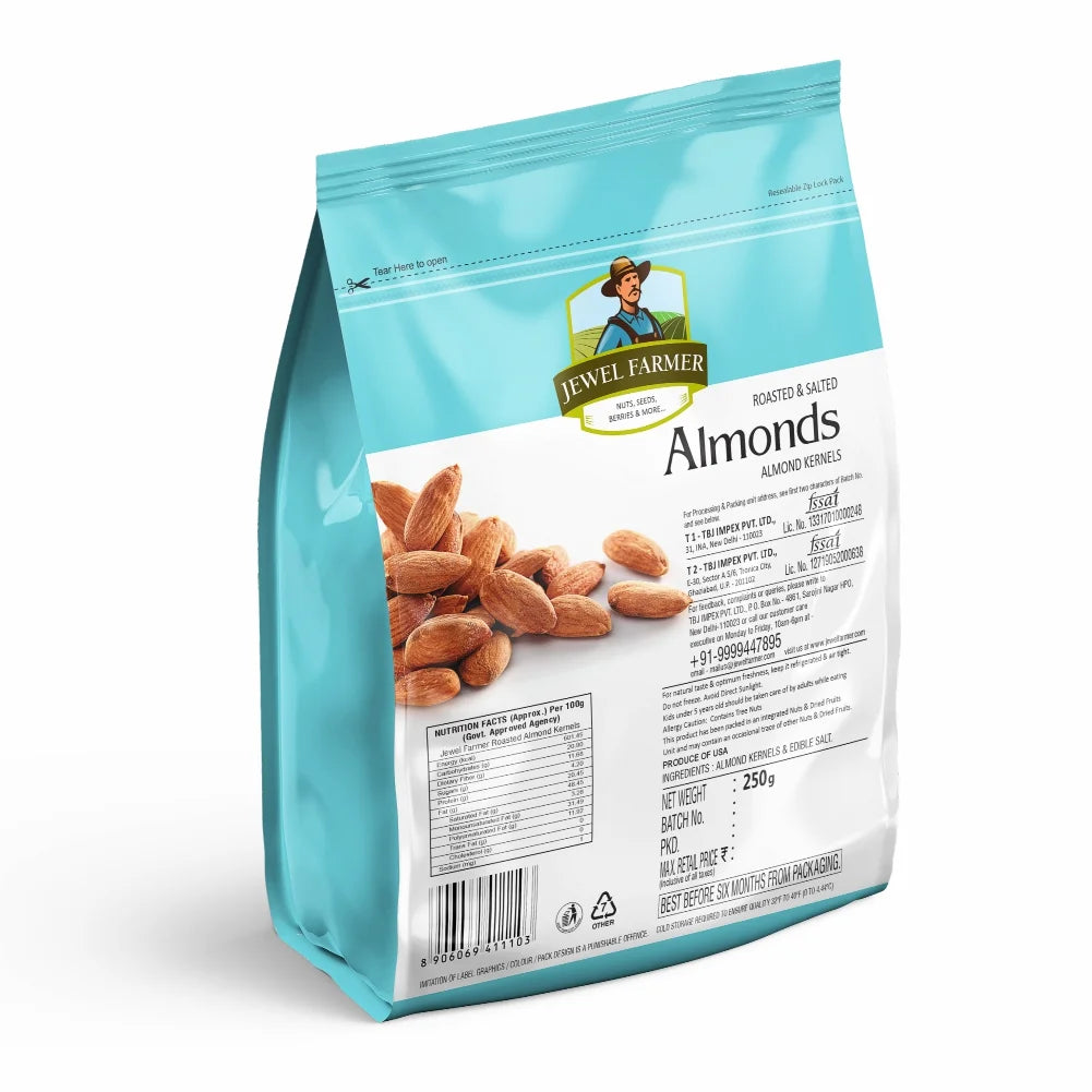 Jewel Farmer Roasted & Salted Almonds 250g – back view with product details, nutritional values, ingredients, and storage instructions for premium quality badam.
