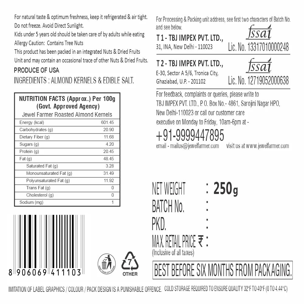 Jewel Farmer Roasted & Salted Almonds 250g – premium quality crunchy badam, perfectly roasted with rock salt, rich in protein & fiber, supports heart health & weight management. Includes nutritional values & storage instructions.