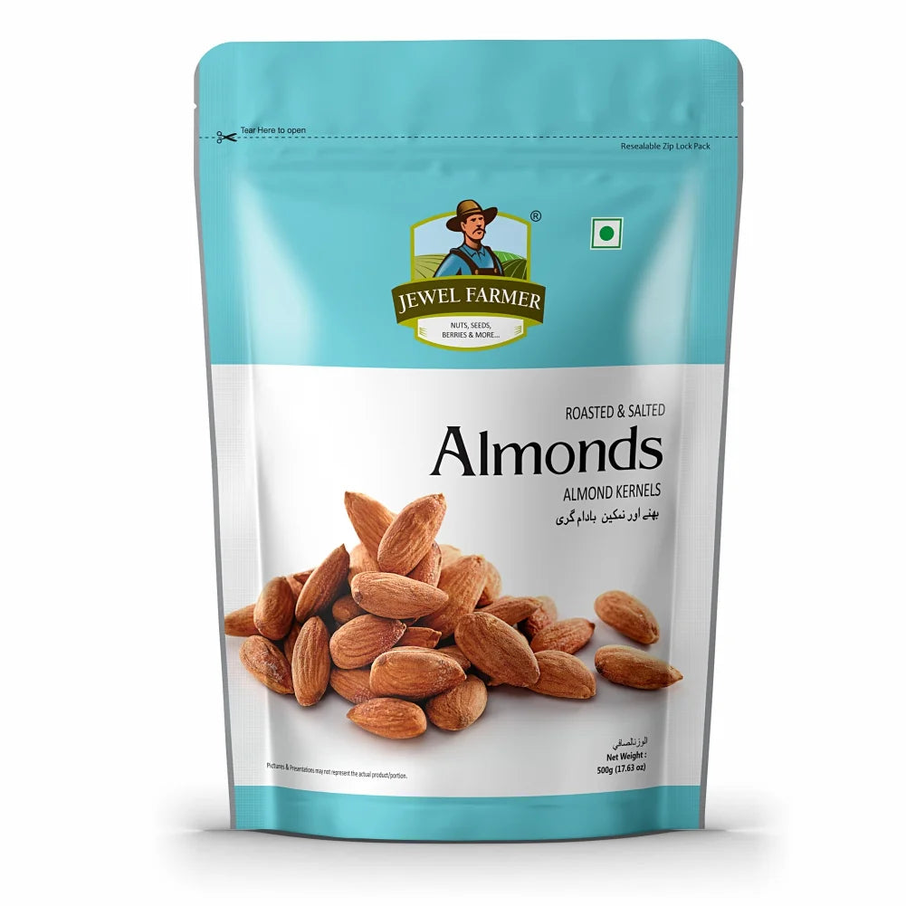 Jewel Farmer Roasted & Salted Almonds 500g – premium quality crunchy badam, perfectly roasted with rock salt, rich in protein & fiber, ideal for heart health & weight management.