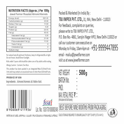 Jewel Farmer Roasted & Salted Almonds 500g – premium handpicked badam, slow-roasted with rock salt, rich in antioxidants, plant-based protein, and essential nutrients for energy & wellness. Includes nutritional facts & storage tips.