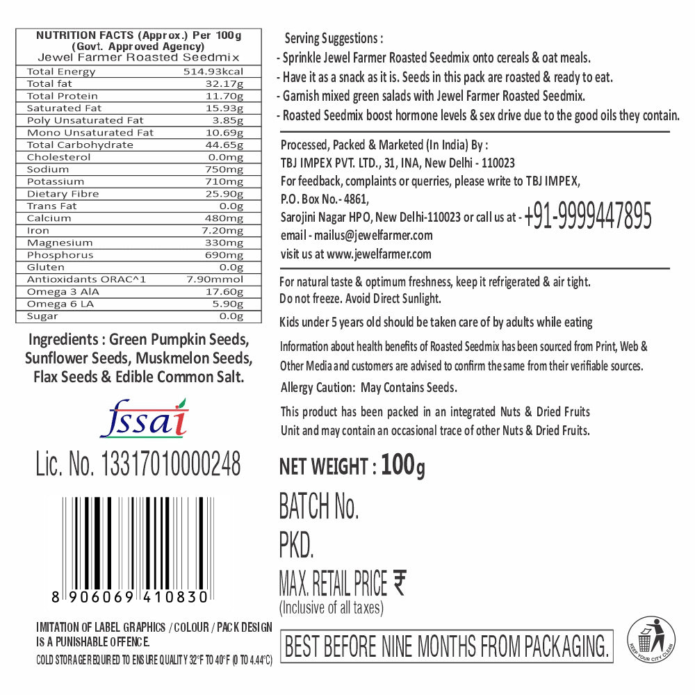 nutritional information of jewel farmer roasted seedmix 100g featuring protein content, seed variety, dietary fiber, and natural energy support.
