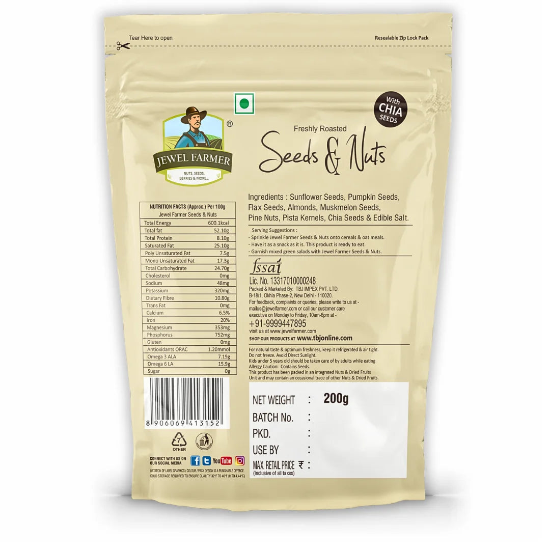 Back view of Jewel Farmer Roasted Seeds & Nuts 200g pack showing nutritional information, ingredients, FSSAI license number, and manufacturer details by TBJ Impex Pvt. Ltd.