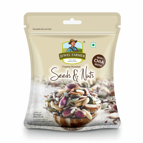 Jewel Farmer Seeds & Nuts 100g – A healthy mix of roasted pumpkin seeds, chia seeds, sunflower seeds, almonds, and cashews in convenient, high-protein snack packaging by TBJ Impex Pvt. Ltd.