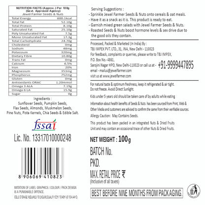 Information image of Jewel Farmer Seeds & Nuts 100g displaying detailed nutritional chart, ingredients list, health benefits, and storage guidelines.