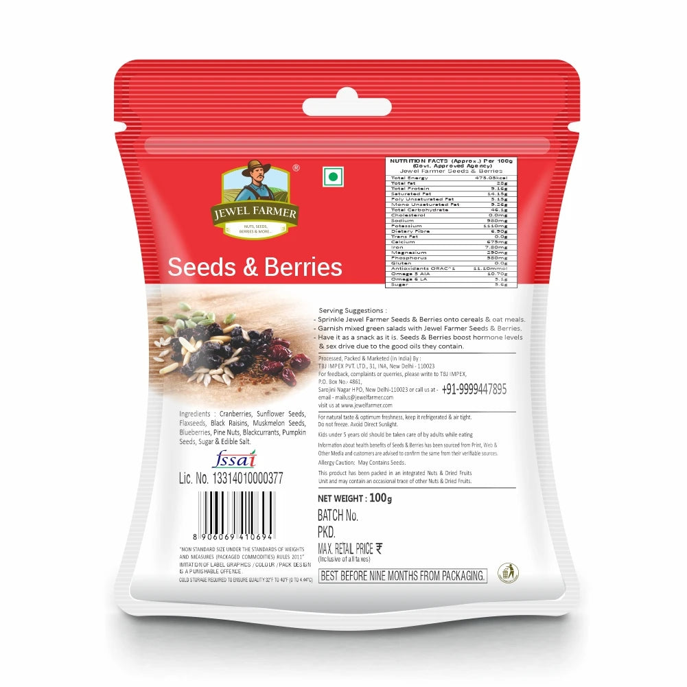 Back view of Jewel Farmer Seeds & Berries 100g pack showing nutritional label, ingredient details, dietary information, FSSAI license, and storage instructions.